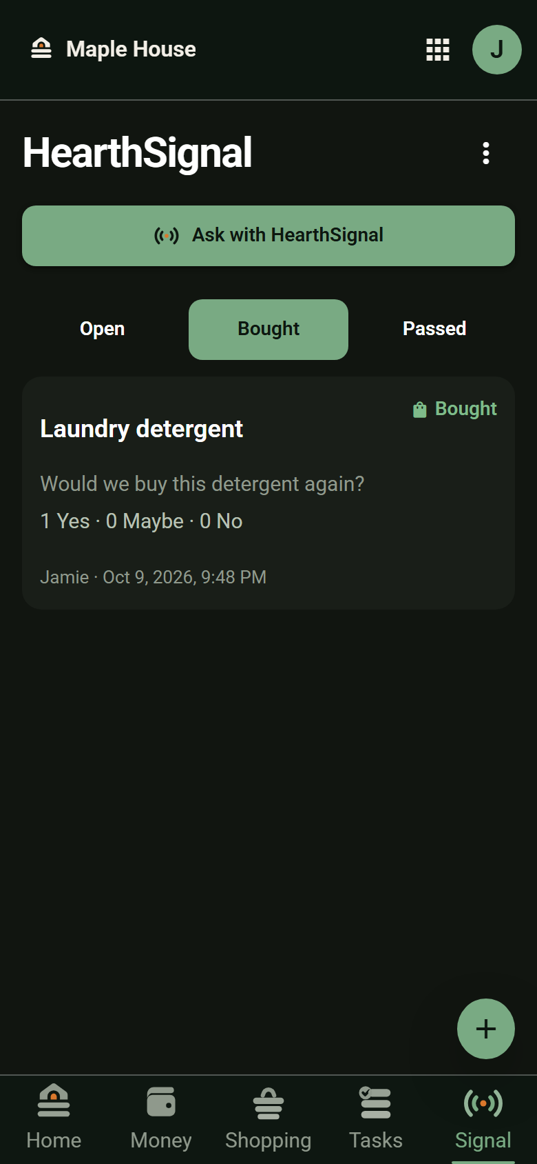 HearthSignal Bought history showing a laundry detergent question with one Yes response