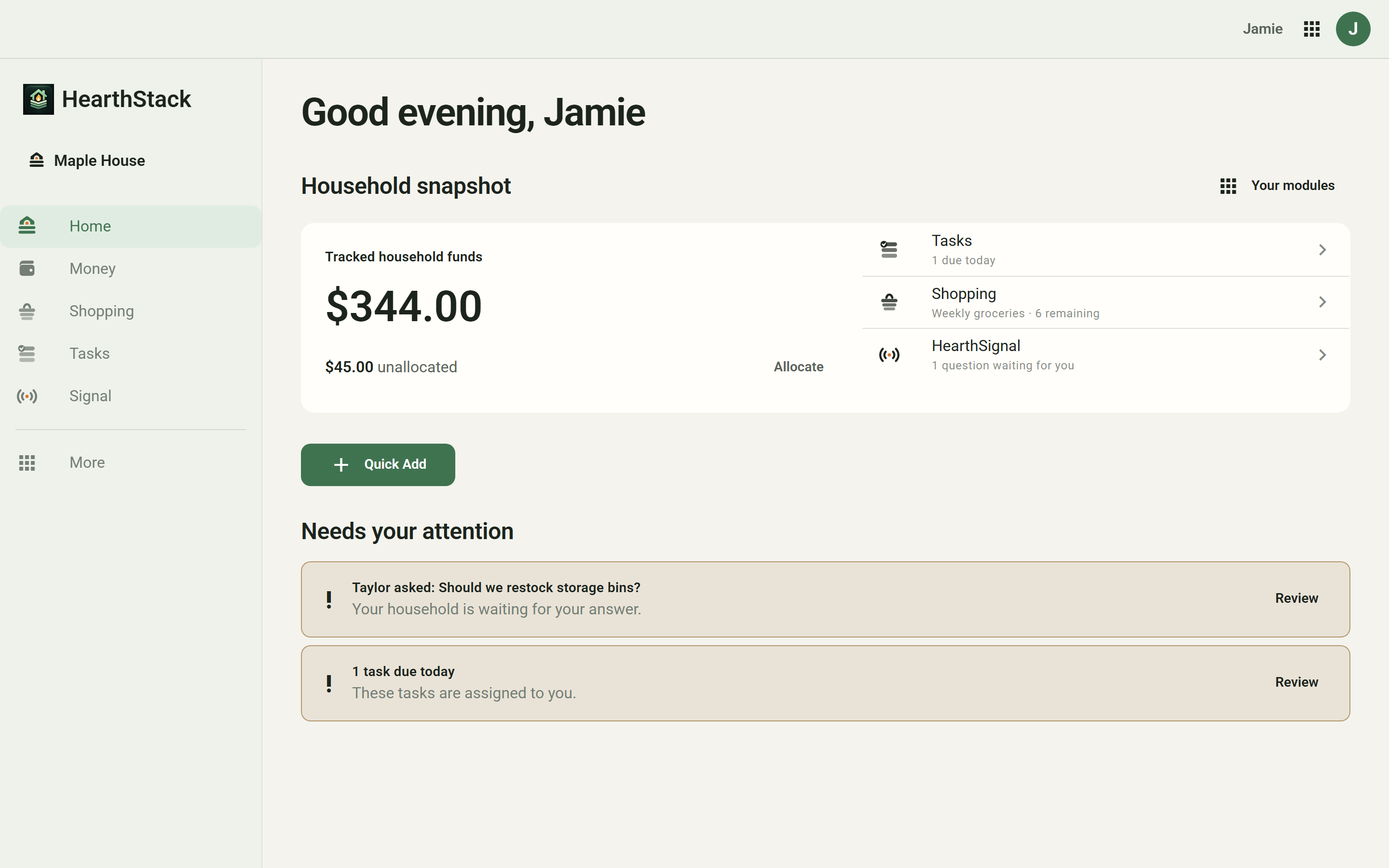 HearthStack Home showing tracked funds, Tasks, Shopping, and HearthSignal summaries