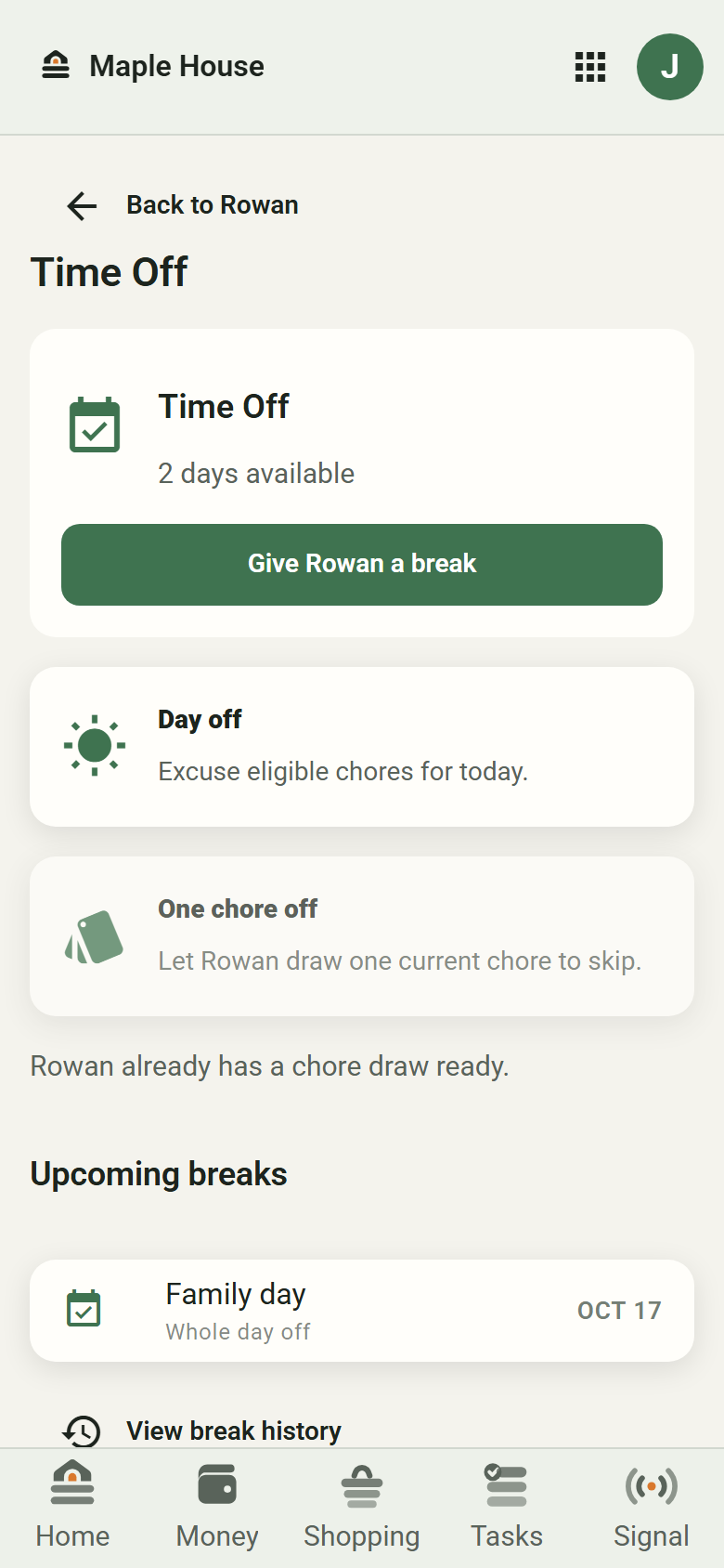 Adult Time Off screen for Rowan showing two available days, whole-day and one-chore break options, and an upcoming Family day