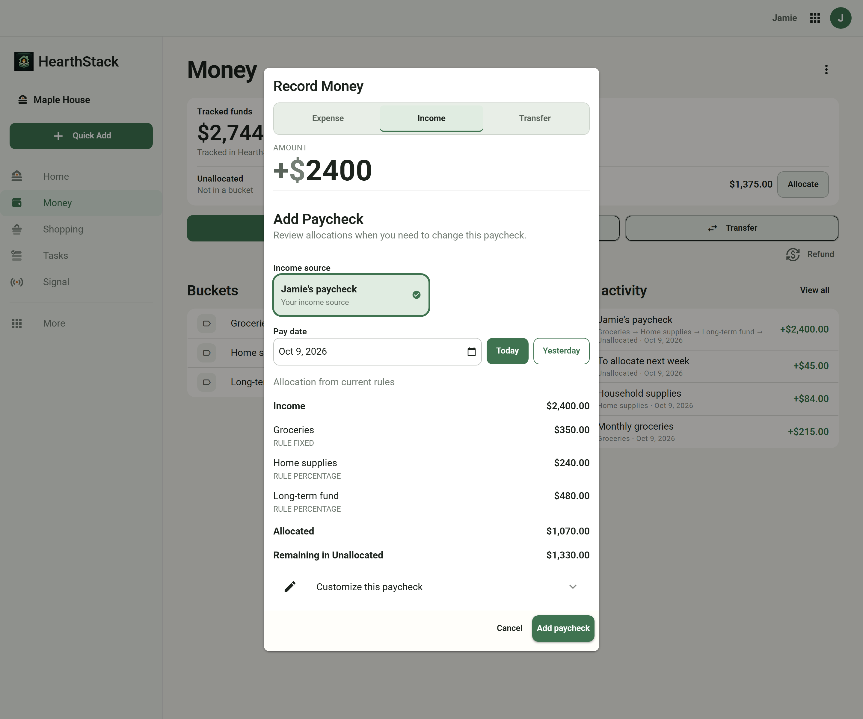 HearthStack Income preview showing a $2,400 paycheck allocated by fixed and percentage rules, with $1,330 Unallocated