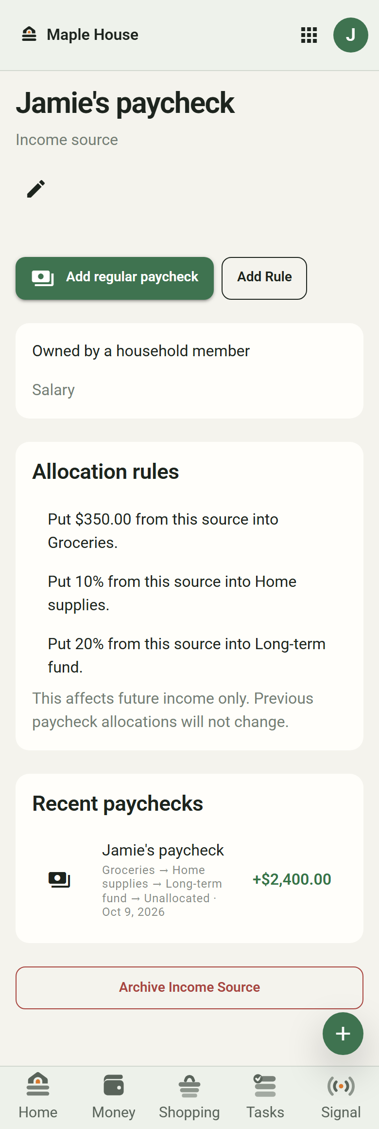 Income Rules showing $350 to Groceries, 10% to Home supplies, 20% to Long-term fund, and a recorded paycheck