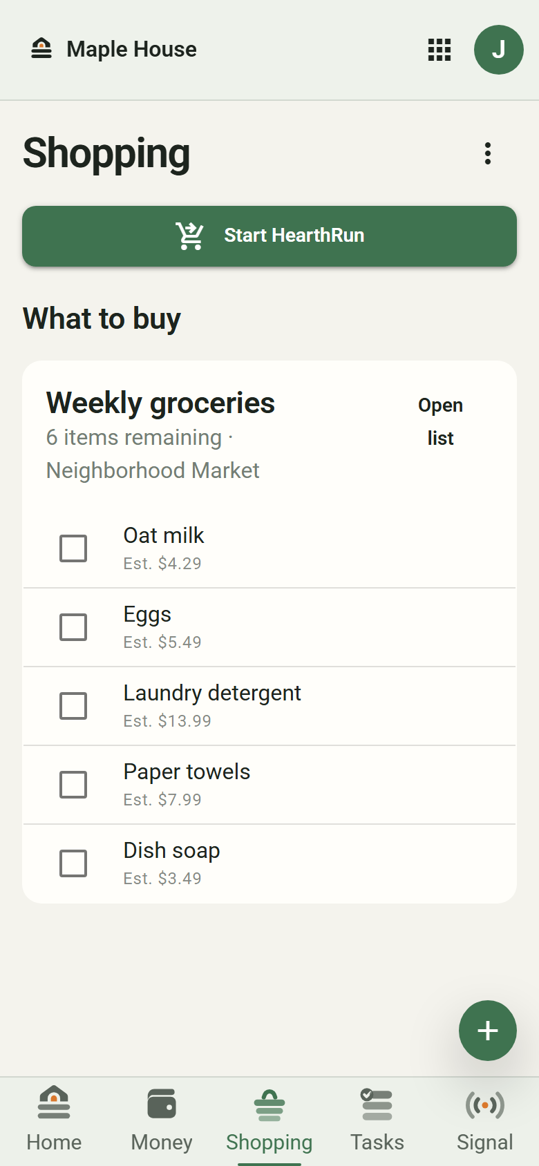 Shopping showing Weekly groceries at Neighborhood Market, six items remaining, and estimated prices