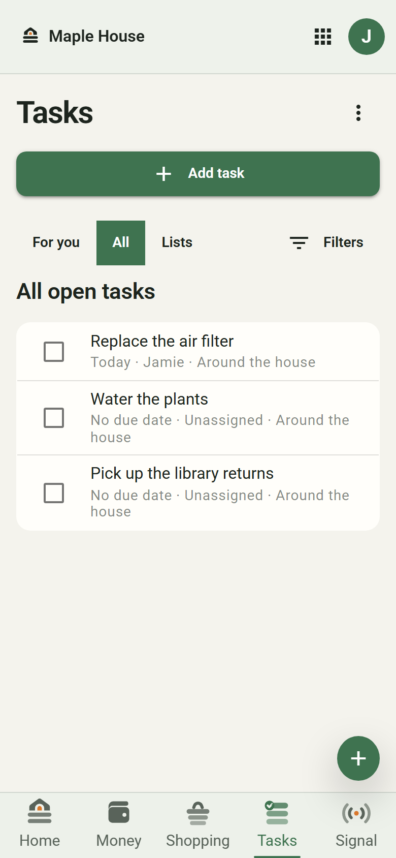 Tasks showing an air-filter task due today and assigned to Jamie, plus two undated tasks